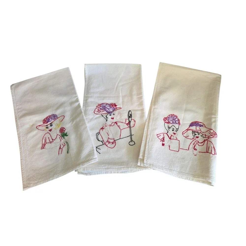 Vintage Large Linen Towels Novelty Women Hats Hand Applique Embroidered Set of 3